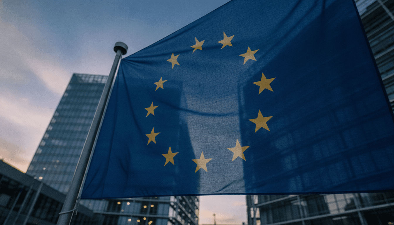 Close-up of a European Union flag waving against a backdrop of the Berlaymont building, symbolizing the ongoing EU defence and governance reforms.