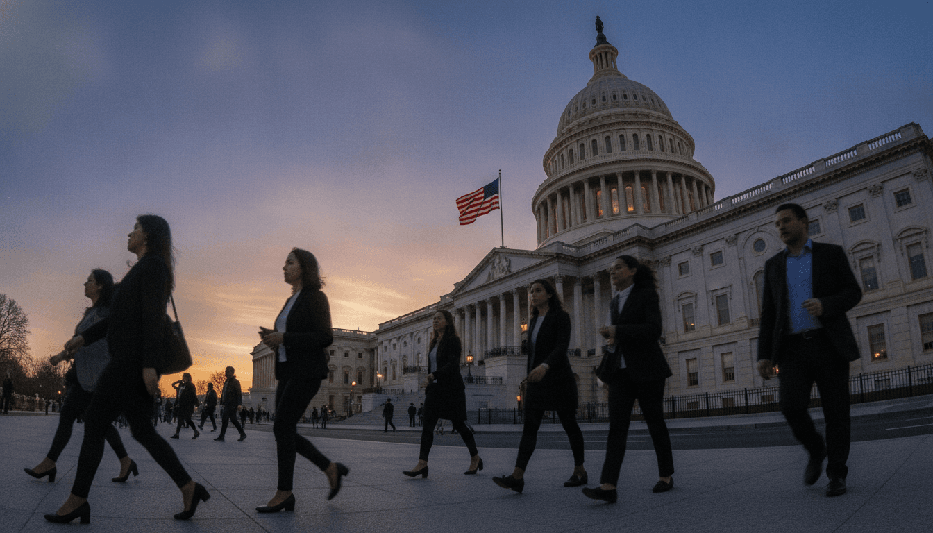 A candid, street-level photograph showing the exterior of the U.S. Capitol building, with a flag flying, under a clear sky, symbolizing the legislative action on the $70 billion immigration enforcement package.