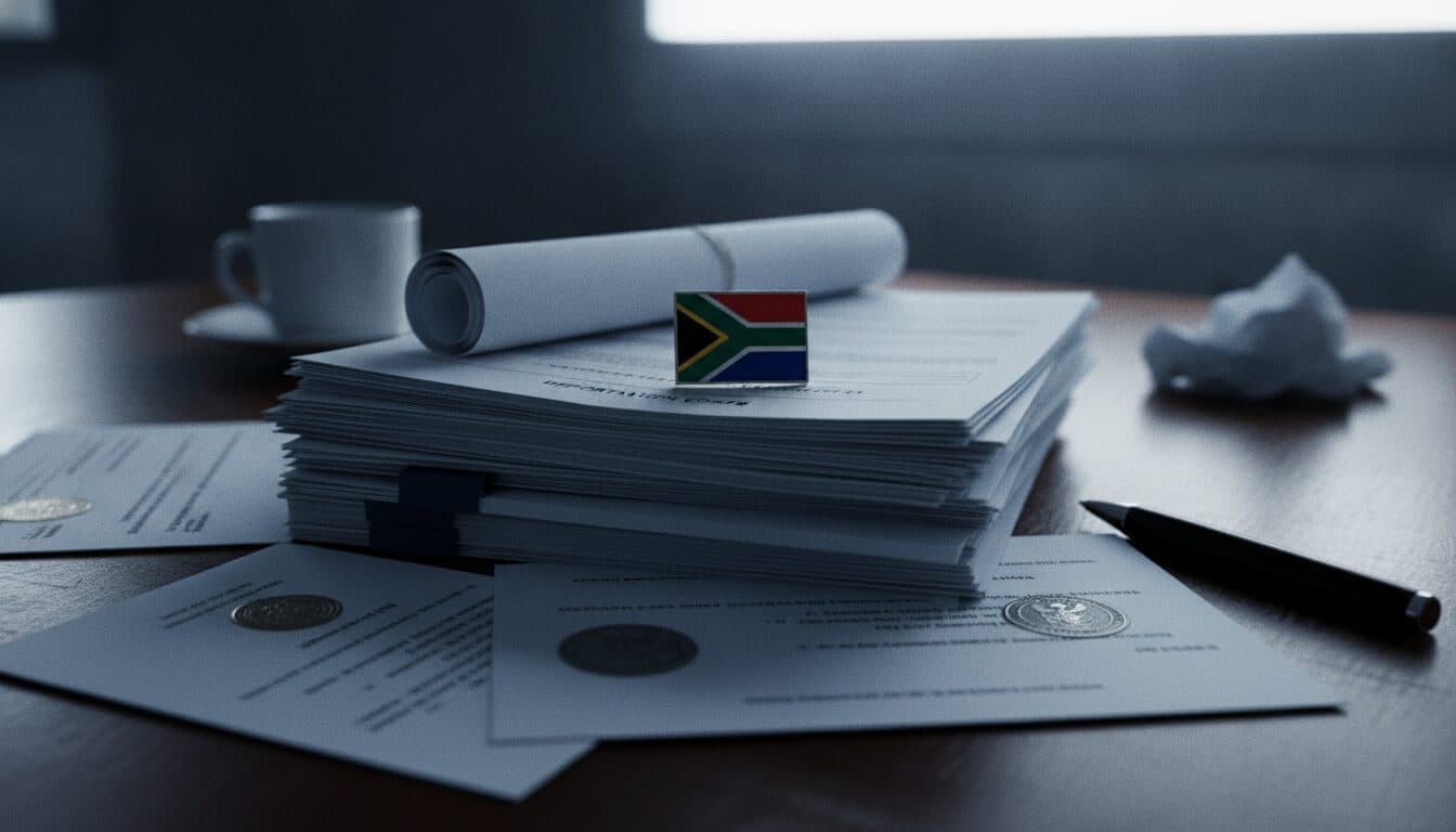 A stack of official-looking invoices and diplomatic documents, with a South African flag pin resting on top, symbolizing the migrant deportation billing proposal.