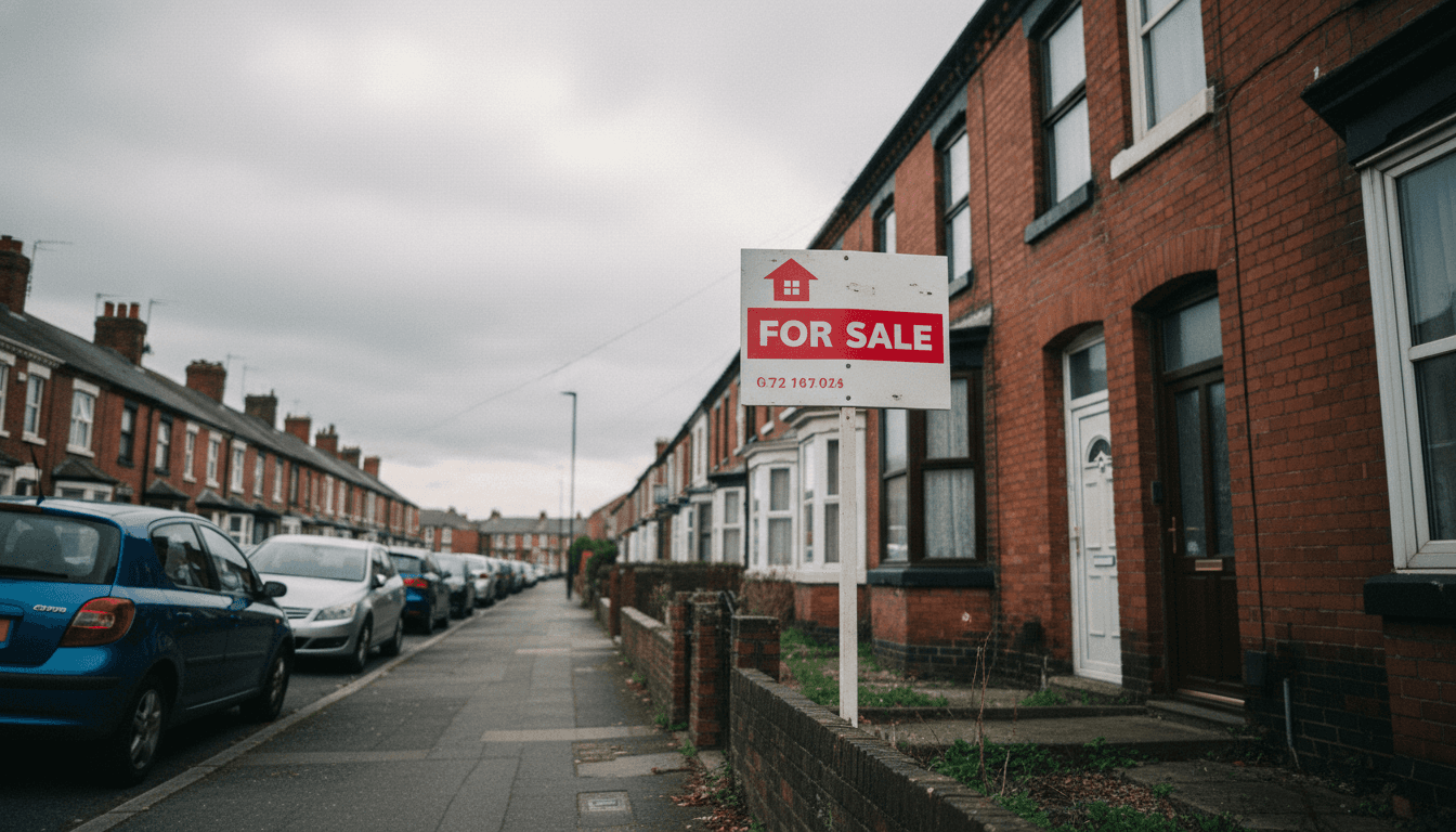A 'For Sale' sign outside a typical terraced house in the UK, slightly weathered, symbolizing the UK housing market posts monthly price fall.