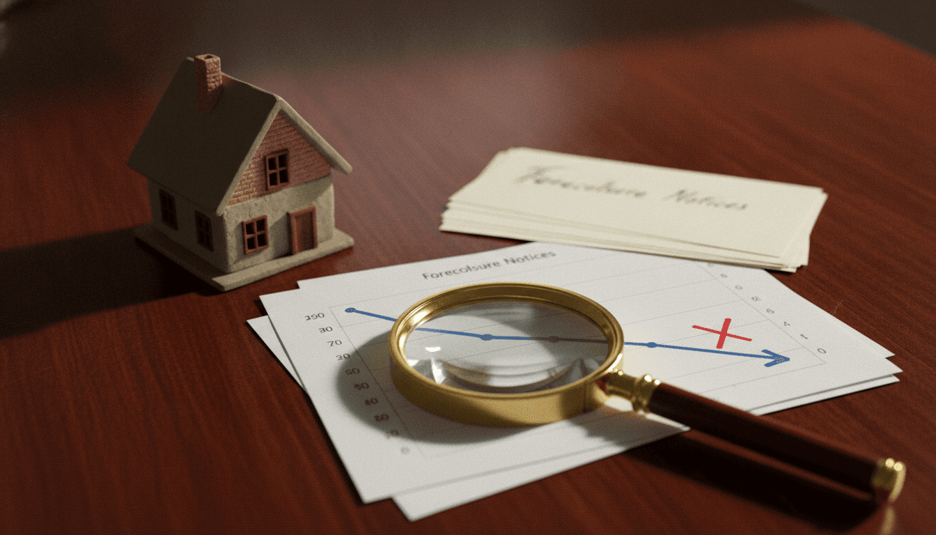 A detailed still life composition representing the May 2026 housing market update, featuring miniature house models, a magnifying glass over a financial chart, and a small stack of eviction notices.