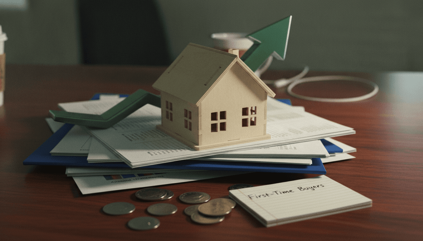 A stylized upward-pointing green arrow rising above a miniature house, symbolizing the home sales surge to a 5-month high.