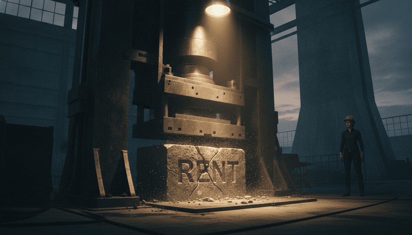 A hydraulic press crushing the word 'RENT' illustrating the pressure in the UK rental market due to falling landlord supply and rising tenant demand.