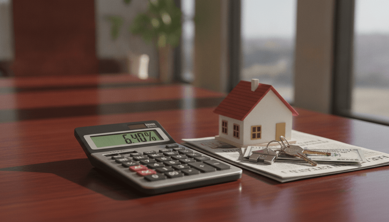 A detailed still life composition representing mixed moves impacting buyer budgets, featuring a calculator displaying a 6.40% interest rate, a house key, a stack of dollar bills, and a miniature house model, all arranged on a financial newspaper.