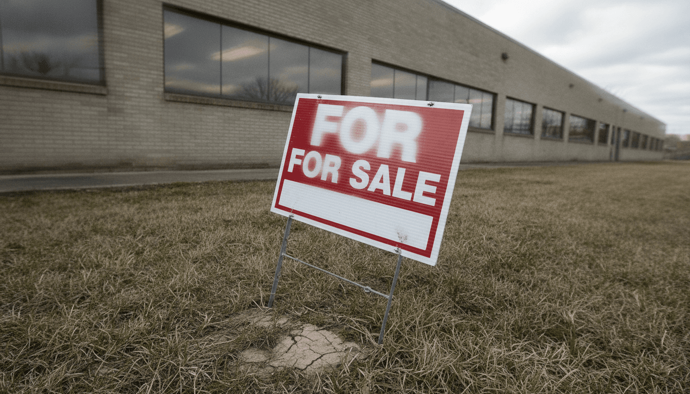 Close-up detail of a 'For Sale' sign with a blurred State College commercial property in the background.