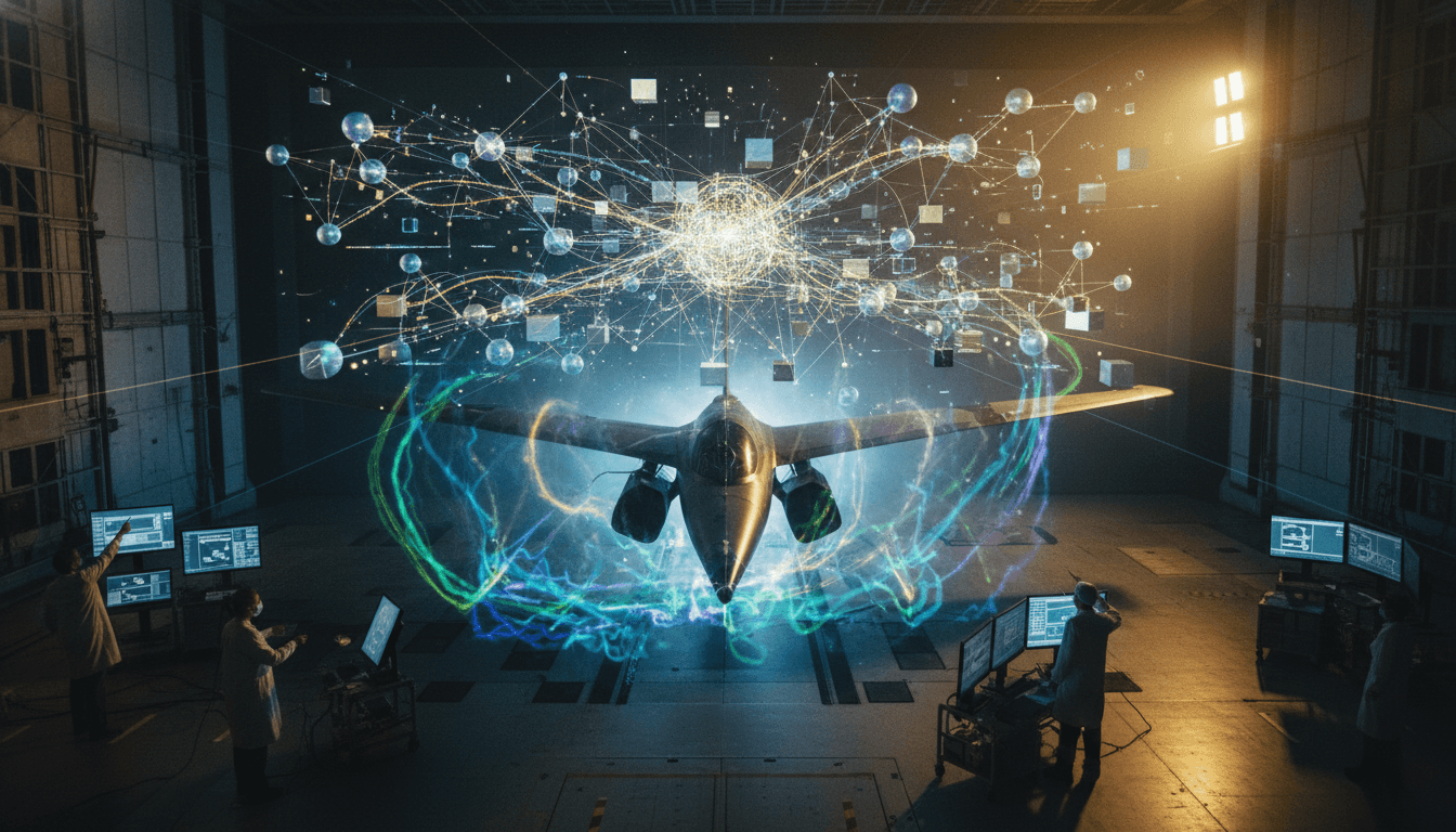 An aerial perspective showcasing a sleek, futuristic aircraft design being analyzed by a transparent overlay of a hybrid quantum-classical algorithm simulation, with quantum bits flowing.