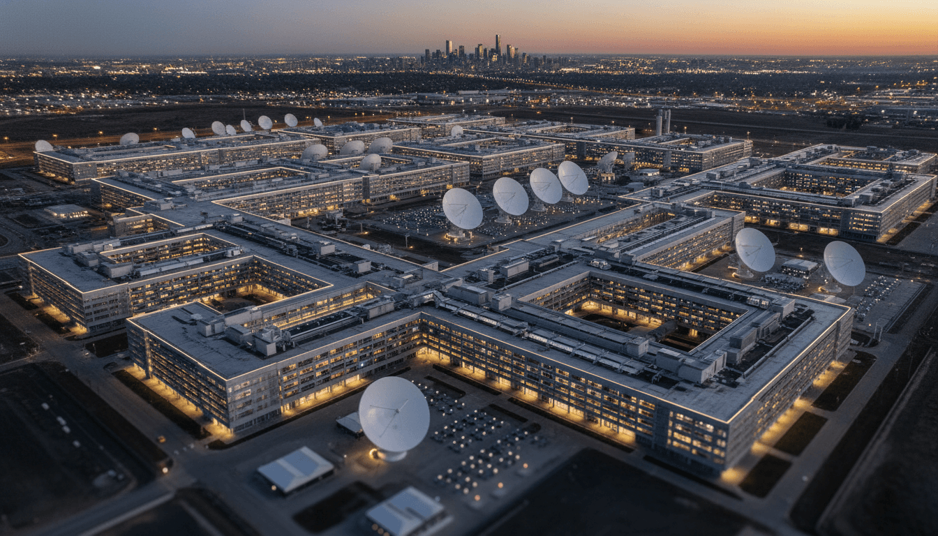 An aerial view of a sprawling, futuristic data center complex, with satellite dishes and Starlink ground stations integrated into its design, symbolizing the $30 billion SpaceX computing deal.