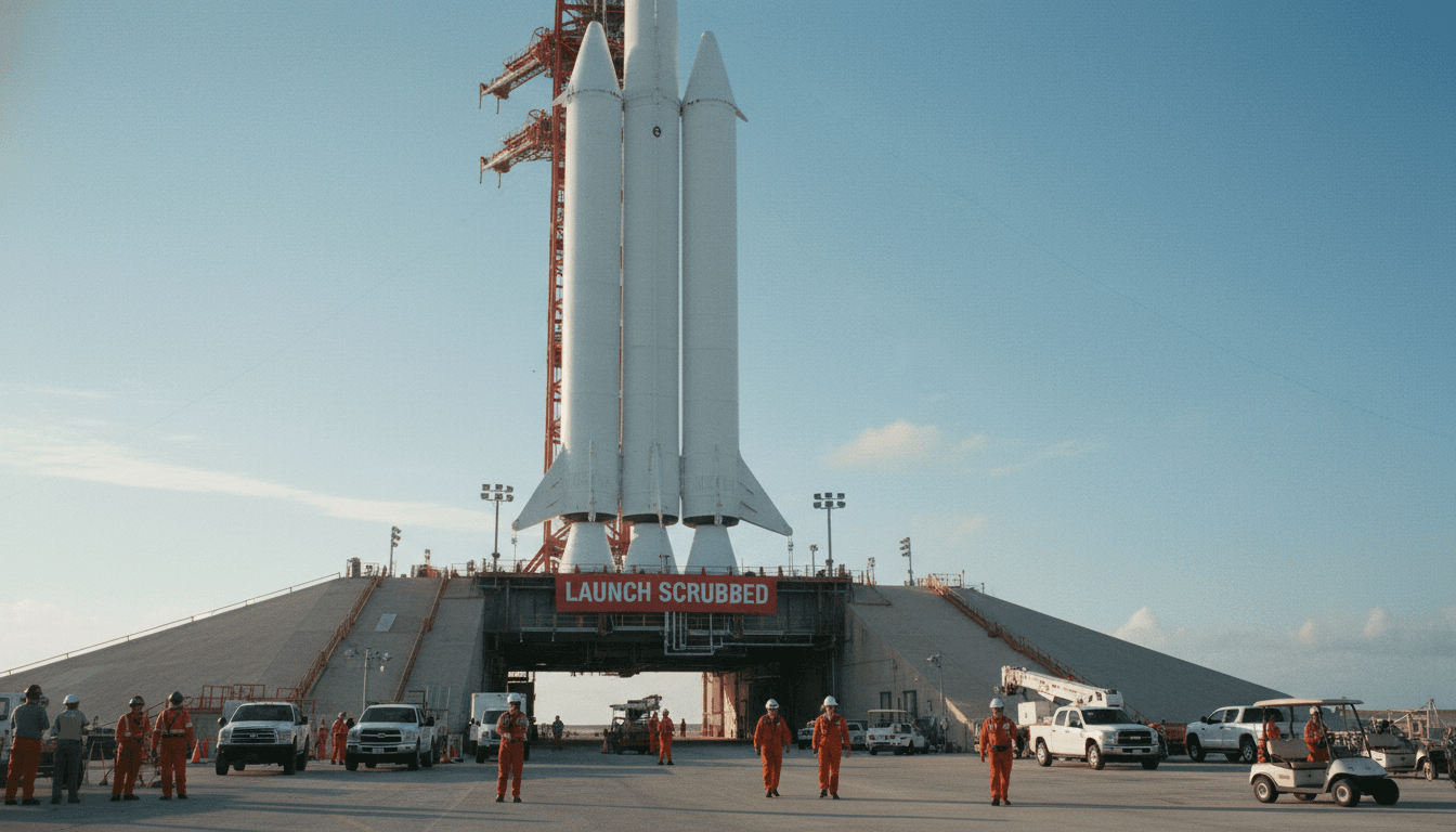 A Falcon Heavy rocket on the launchpad with a SpaceX scrubs Falcon Heavy launch banner.