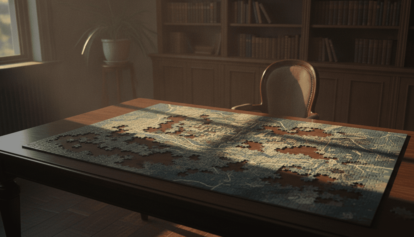 A group of businesspeople in an undated stock photo putting puzzle pieces together on a table, symbolizing human cooperation.