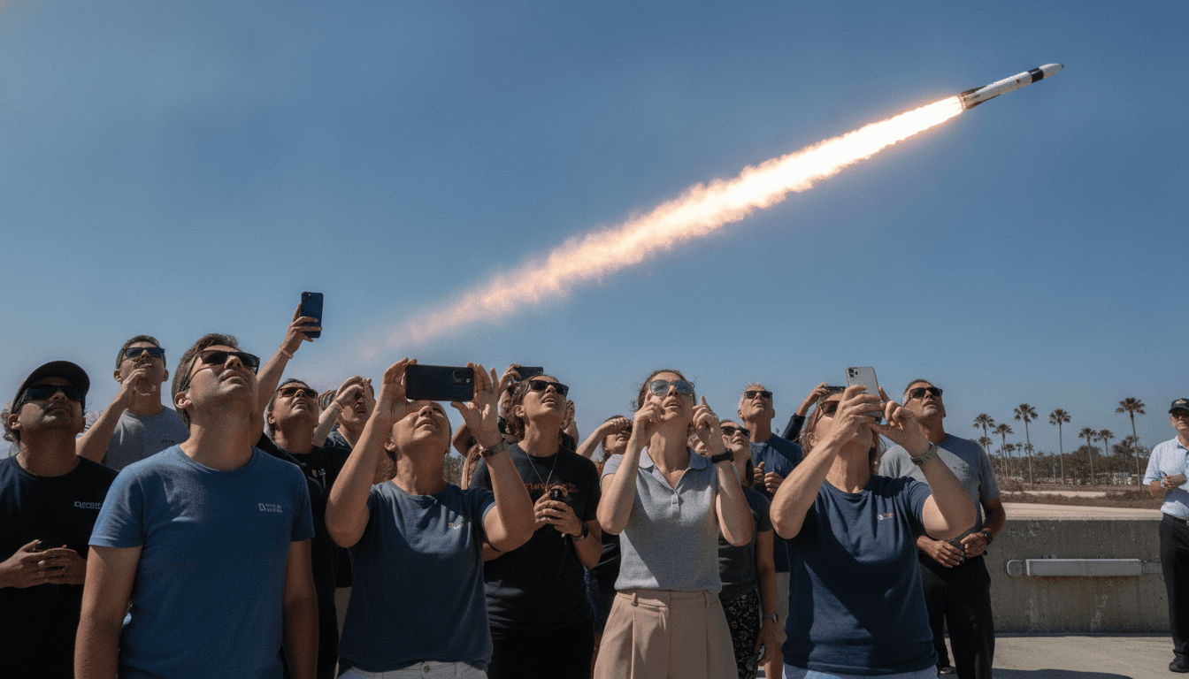 A street-level candid shot of the Starship V3 flight launch, showing the massive rocket ascending against a clear sky, with crowds watching from a distance.