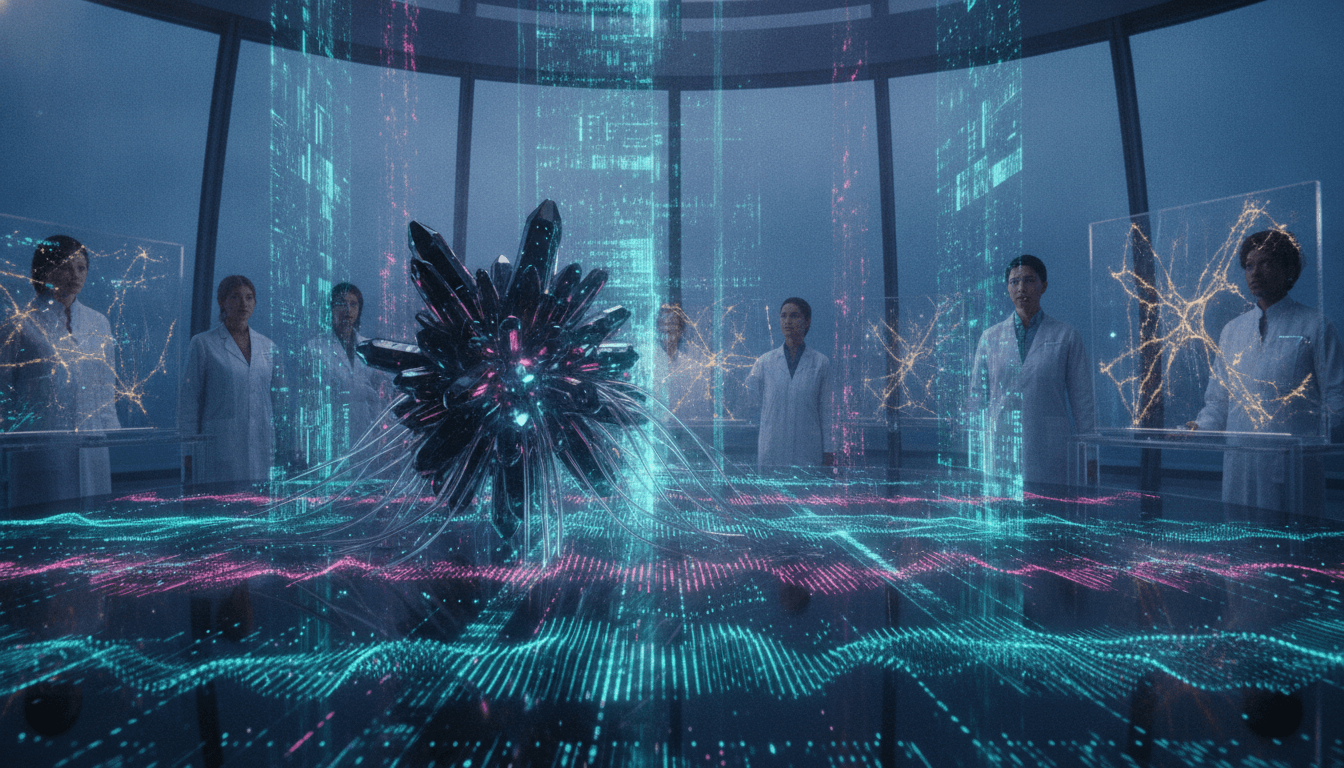 A conceptual image depicting the evolution of self-evolving AI scientists in a laboratory setting.