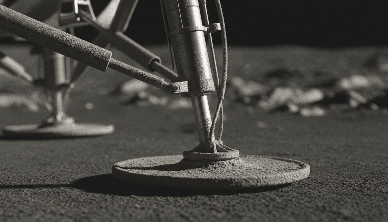 Close-up of a detailed model of the Artemis III lunar lander touching down on a simulated lunar surface, highlighting its intricate landing gear and crew access hatch.
