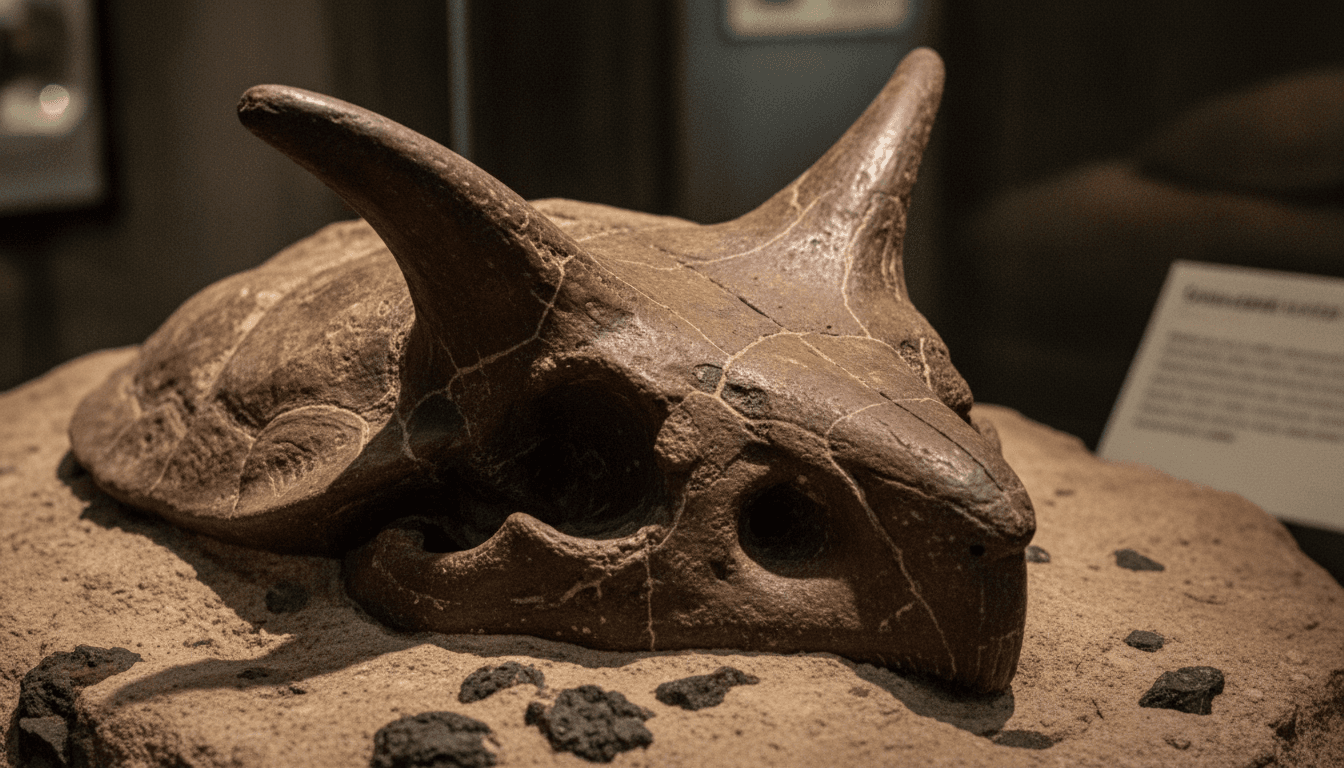 A detailed close-up of a fossilized horned turtle skull fragment, showing the intricate bone structure and the distinctive horn-like protrusions, partially embedded in a matrix of sedimentary rock.