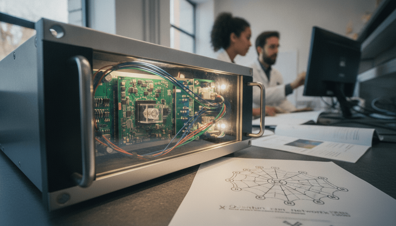 A detailed close-up of Qunnect's rack-mounted quantum networking instrument with glowing optical fibers and circuit boards, representing how Qunnect builds quantum networks.