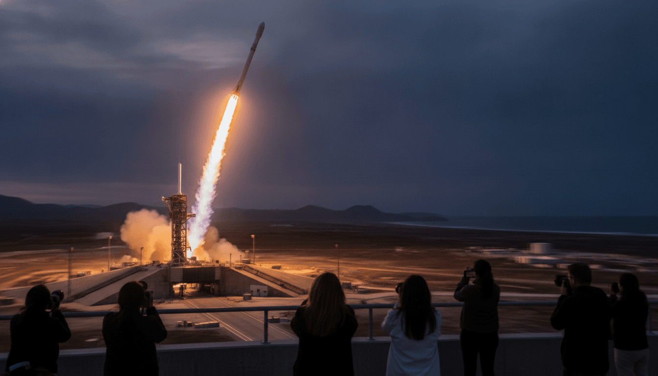 A Falcon 9 rocket launching from a coastal launchpad, showing the sheer power and scale of SpaceX rocket launches.