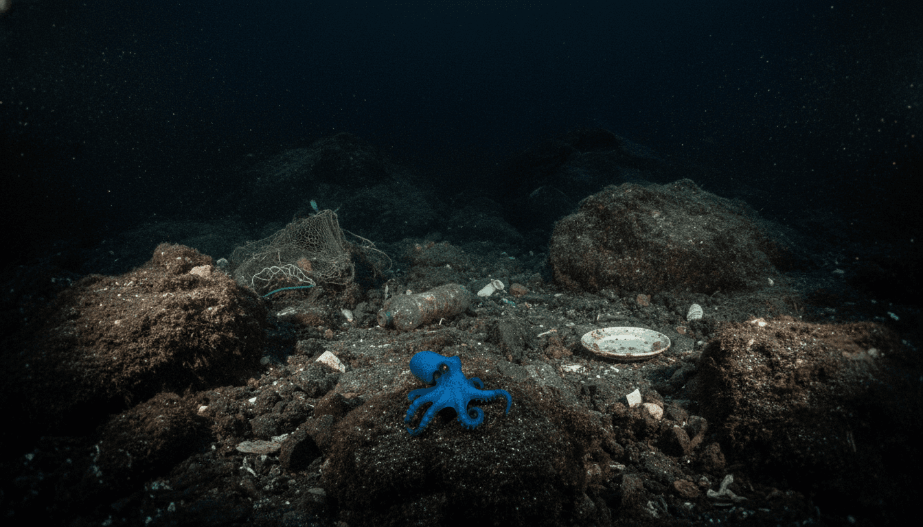 A striking close-up photograph of the new golf ball-sized blue octopus species, Microeledone galapagensis, resting on a rocky seafloor.