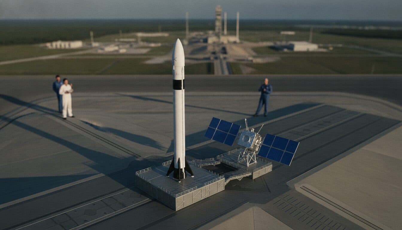 A detailed close-up of a SpaceX Falcon 9 rocket standing tall on its launchpad at Cape Canaveral, with an AST SpaceMobile satellite payload fairing visible near the top.