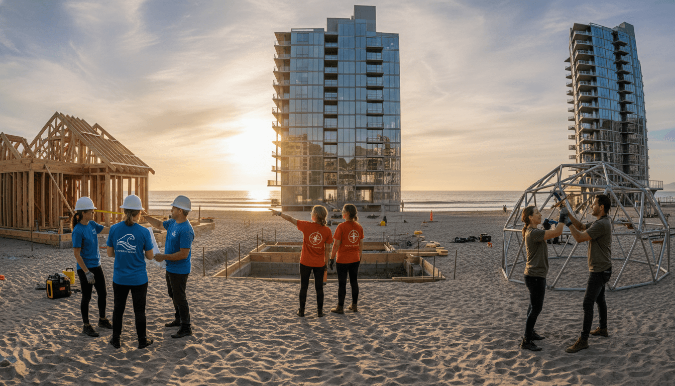 Three teams of designers and contractors stand on a sandy beach in front of identical beachfront properties, tools in hand, as 'Battle On The Beach' premieres.