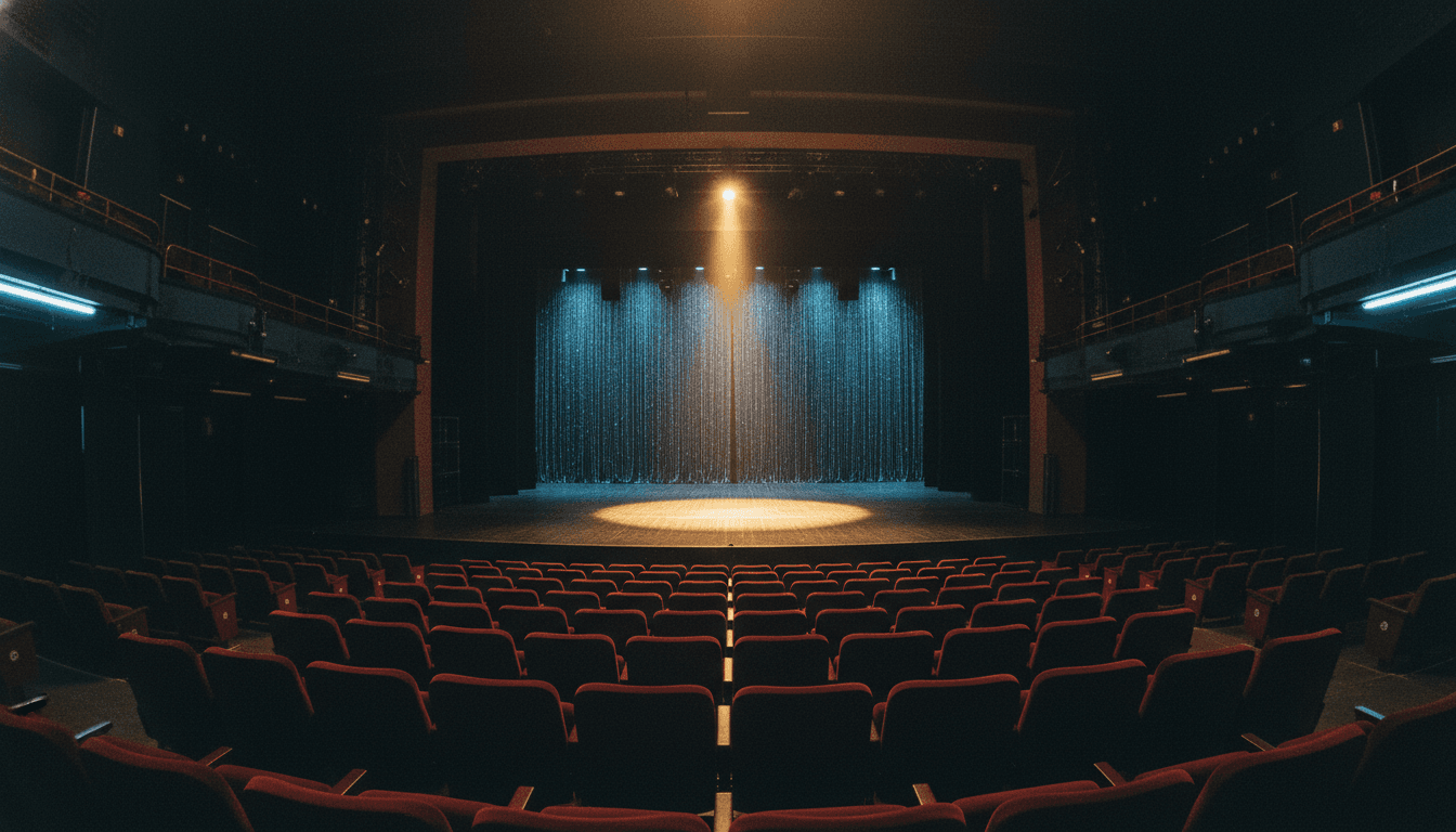A golden spotlight shining brightly on an empty stage, symbolizing the start of America's Got Talent Season 21 and the anticipation of new talent.