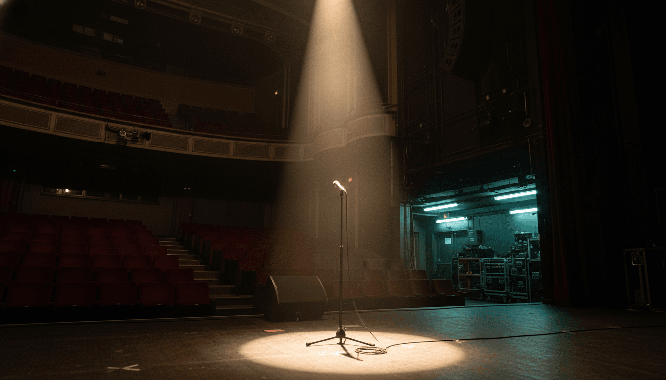 A dimly lit, empty concert stage with a single spotlight illuminating a microphone stand, symbolizing the silence after Peabo Bryson dies.