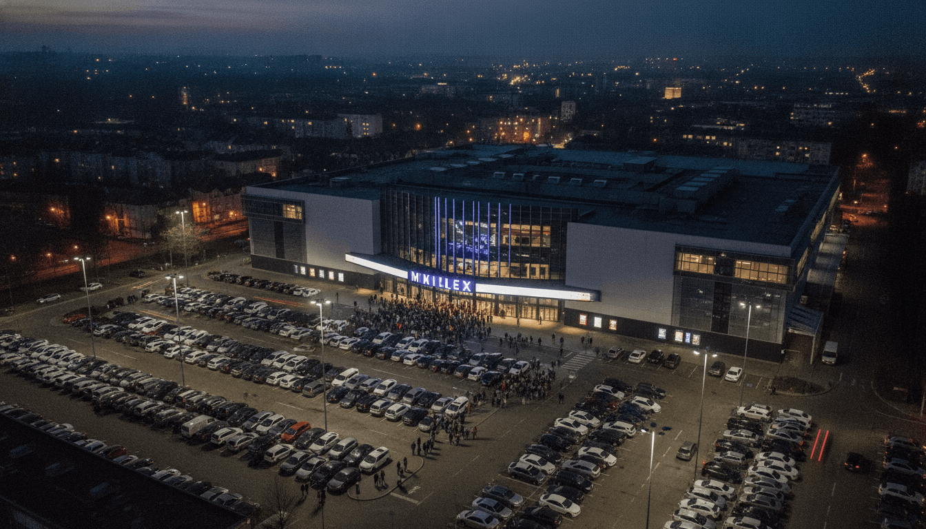 An aerial view of a bustling movie theater complex at night, with marquees brightly lit, emphasizing the success of SCARY MOVIE spurs R-rated comedy revival.