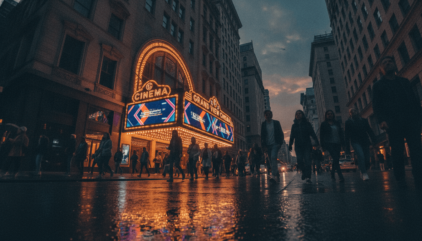 A vibrant movie marquee lit up at night, displaying 'Hollywood film achieves $1 billion box office' in bold letters.