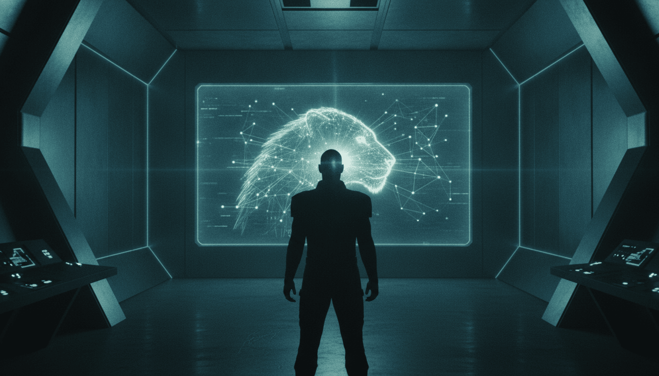 A stylized, high-contrast image of a lone figure, partially obscured by shadows, standing before a complex digital interface displaying abstract data streams and a faint, stylized lioness silhouette, symbolizing the return of Lioness Season 3 and the intricate world of espionage.