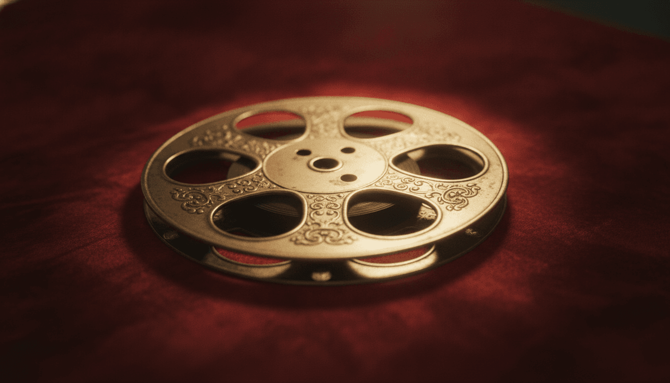 A close-up of a vintage, ornate gold film reel, intricately detailed, with light reflecting off its polished surface, symbolizing the success of Peddi Box Office Collections.