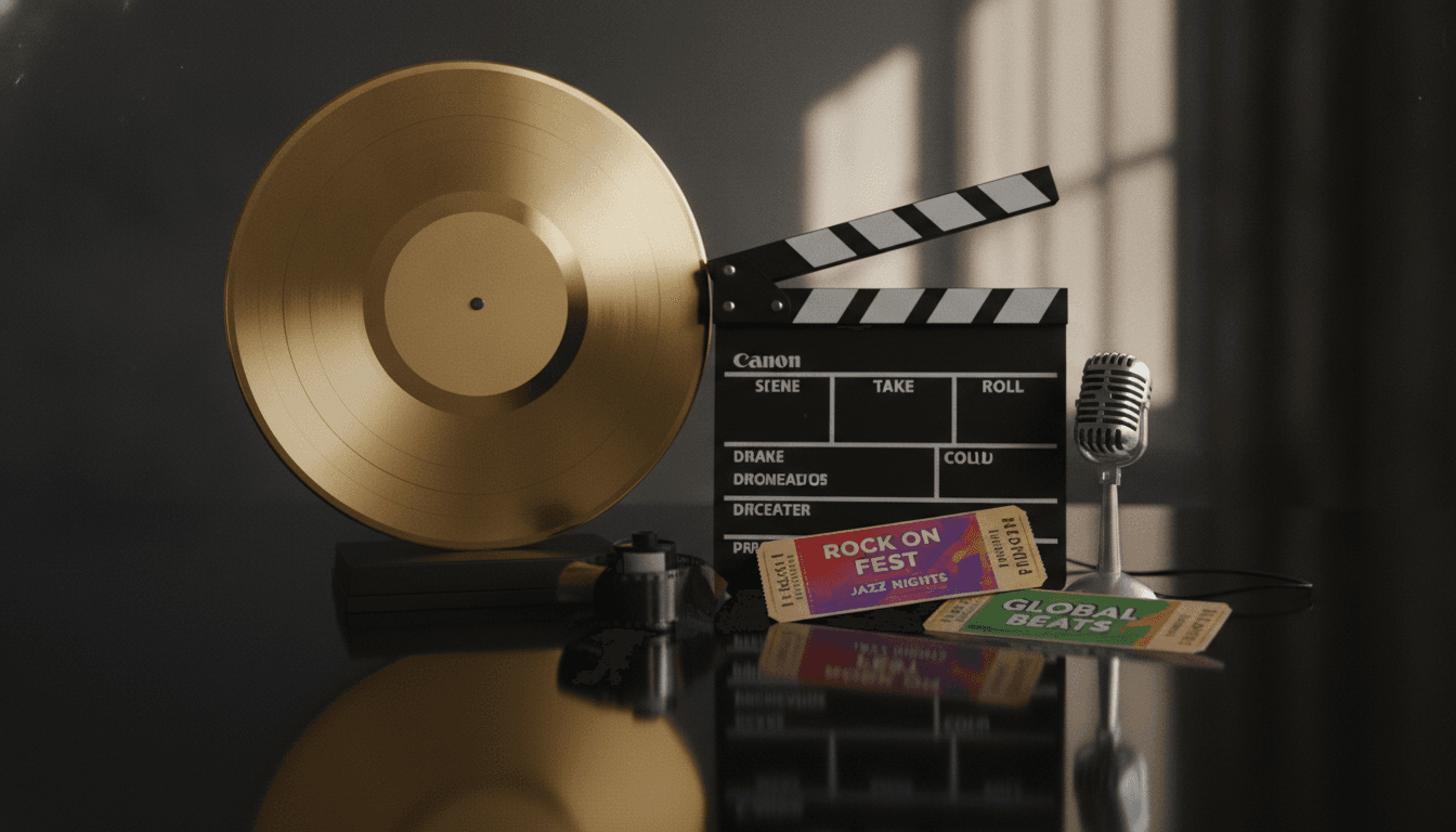 A collection of items representing the success of global music icons, including a gold record, a clapperboard, and a stack of concert tickets, artfully arranged on a polished surface.