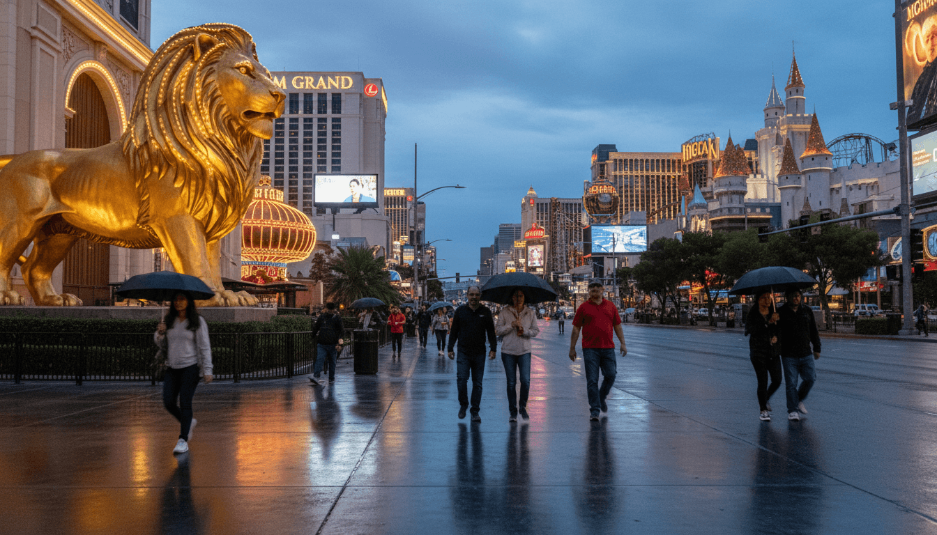 An atmospheric night shot of the Las Vegas Strip, featuring the iconic illuminated facades of MGM Resorts properties, subtly highlighting the scale of the bid to purchase MGM Resorts.