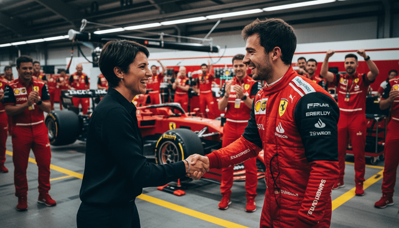 Charles Leclerc contract signing: Leclerc in Ferrari racing suit shaking hands with team principal in the pit lane.