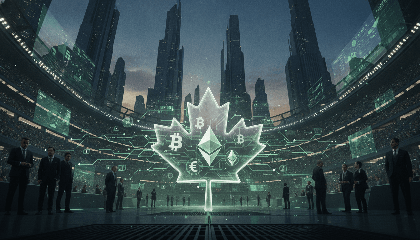 A digital representation of interconnected global financial markets, with Robinhood's green branding subtly integrated into a network of cryptocurrency symbols and Canadian flags, symbolizing how Robinhood expands crypto market presence across borders.