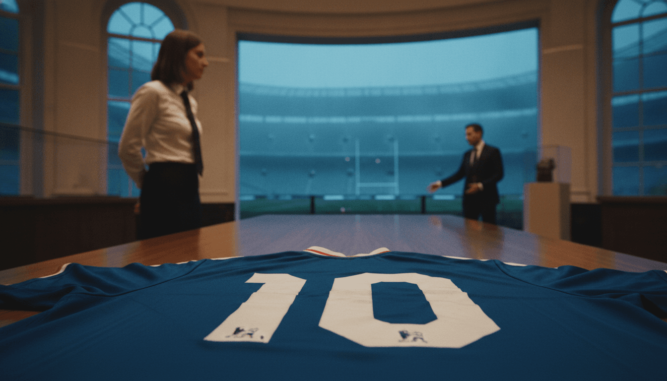 A Sotheby's expert in white gloves carefully displays Pelé's 1958 World Cup shirt, a blue jersey with the number 10, highlighting the garment's pristine condition.