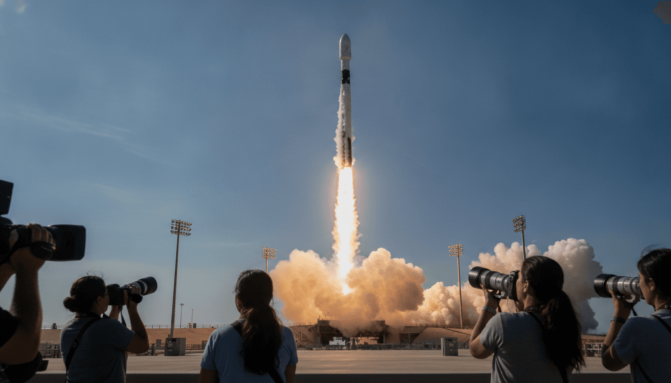 A powerful rocket, possibly a SpaceX Starship, igniting its engines on a launch pad, with flames and smoke billowing as it prepares for liftoff, illustrating the immense power and technology behind the SpaceX IPO valuation.