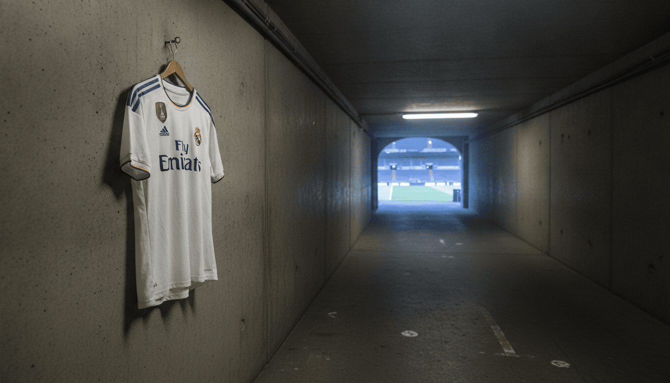 Real Madrid Emirates sponsorship logo prominently displayed on a football jersey in a dimly lit, empty stadium tunnel.