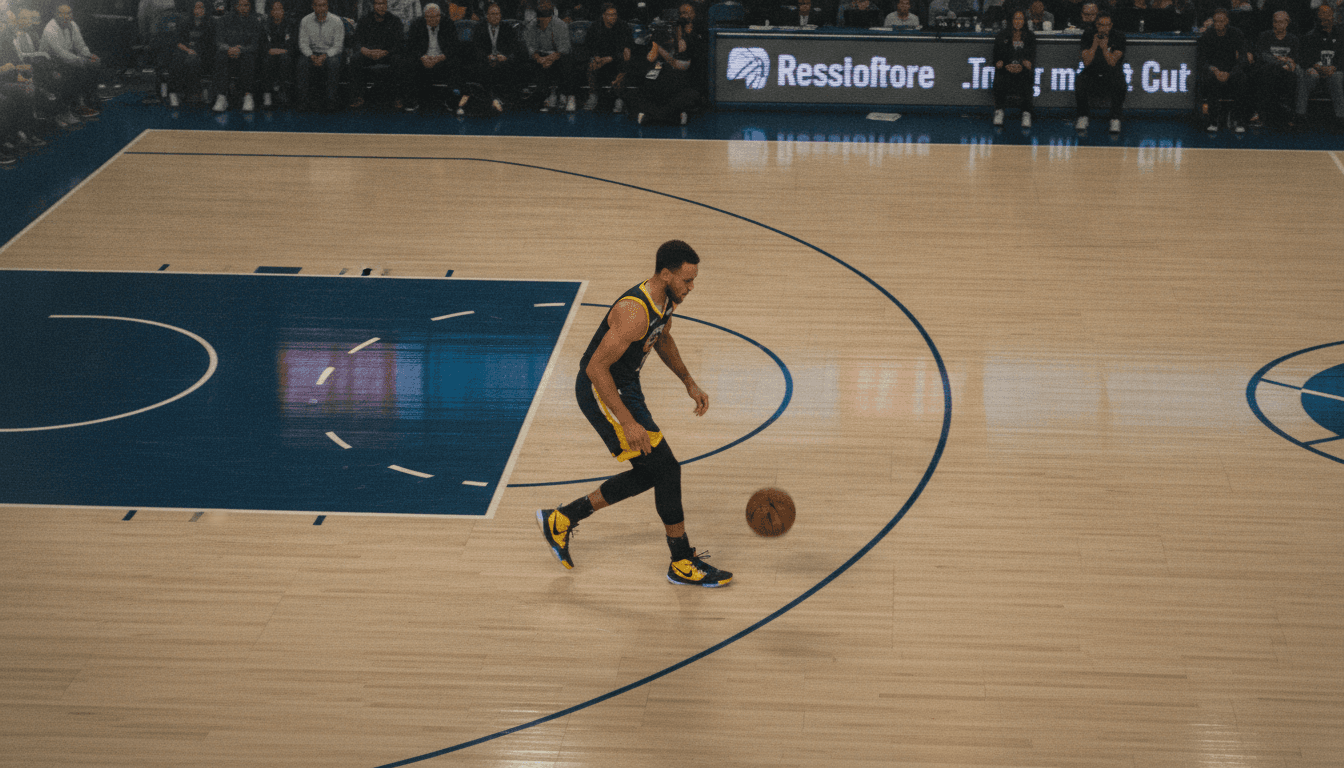 Basketball player Stephen Curry mid-shot, wearing branded shoes, with the allegations of a Stephen Curry deal linked to forced labor looming over the scene.