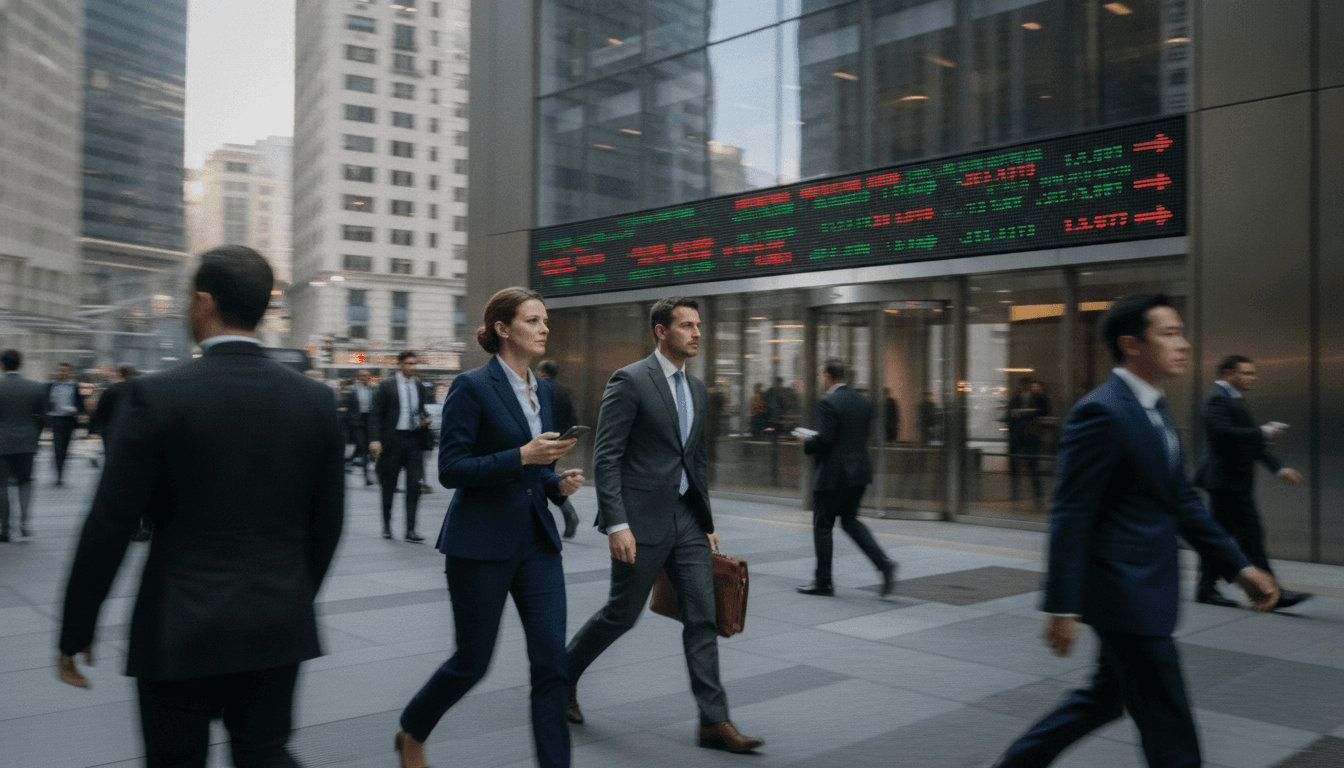 A bustling stock exchange trading floor with screens displaying stock prices and traders actively working, symbolizing the financial market impact of the Parabilis Medicines IPO.