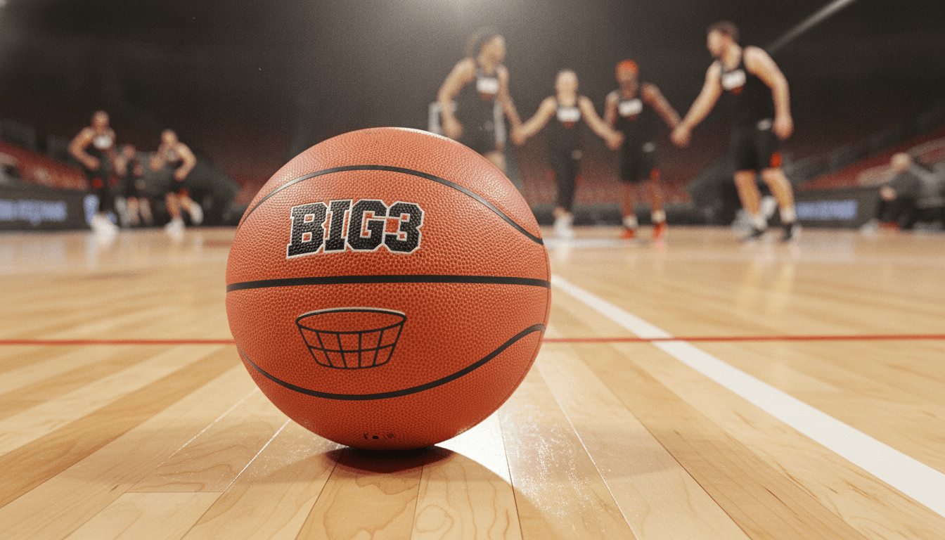A close-up shot of a basketball with the Big3 league logo prominently displayed on its surface, resting on a polished wooden court, symbolizing the league's financial journey.
