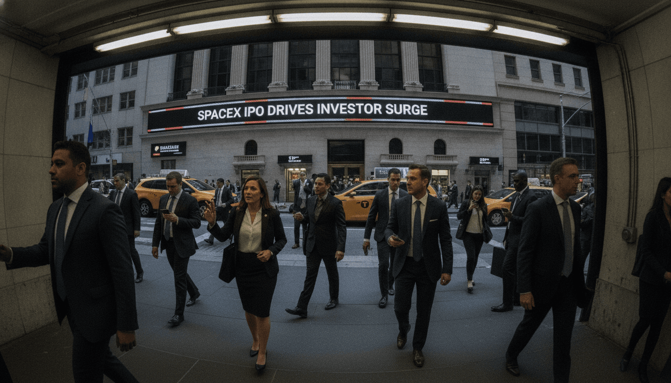 A bustling street level view outside the New York Stock Exchange, with digital tickers displaying stock prices, and a crowd of business people looking at their phones, all against the backdrop of a news headline about the SpaceX IPO prompts investor surge.