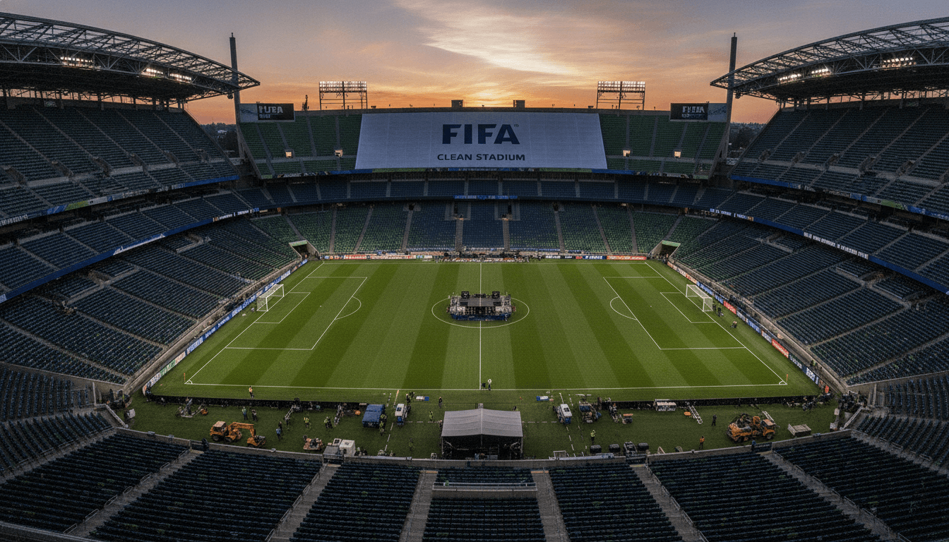 An empty Lumen Field stadium at dusk, with the 'Lumen' signage covered, reflecting the Washington State World Cup costs.
