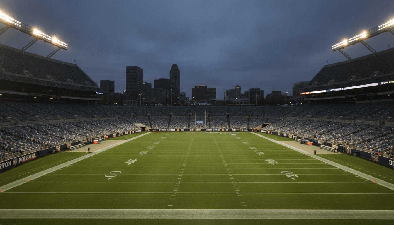 An empty NFL football stadium at dusk, with the field lights just beginning to glow, symbolizing the quiet financial burden of worst NFL contracts.