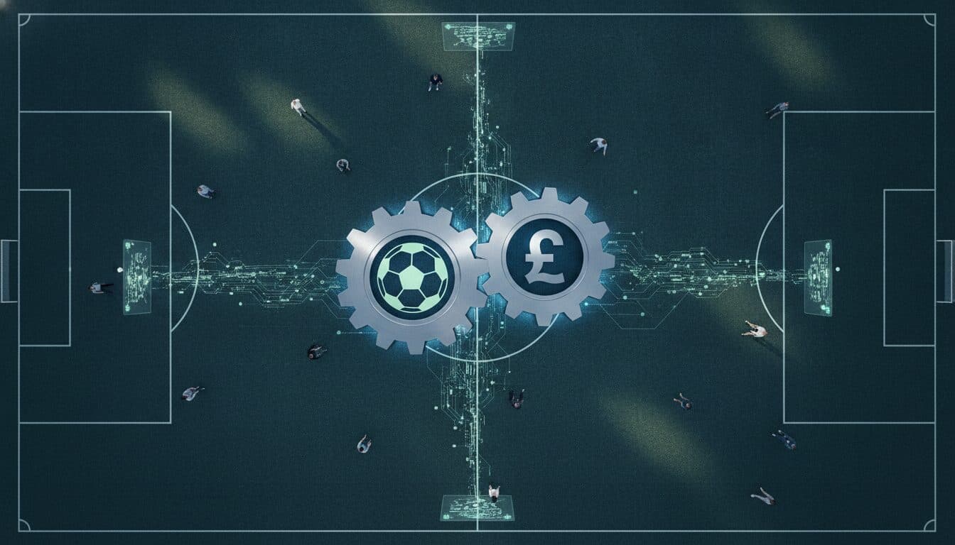 A conceptual image representing the strategic financial decisions within the Premier League transfer window, showing intertwined gears and financial symbols.