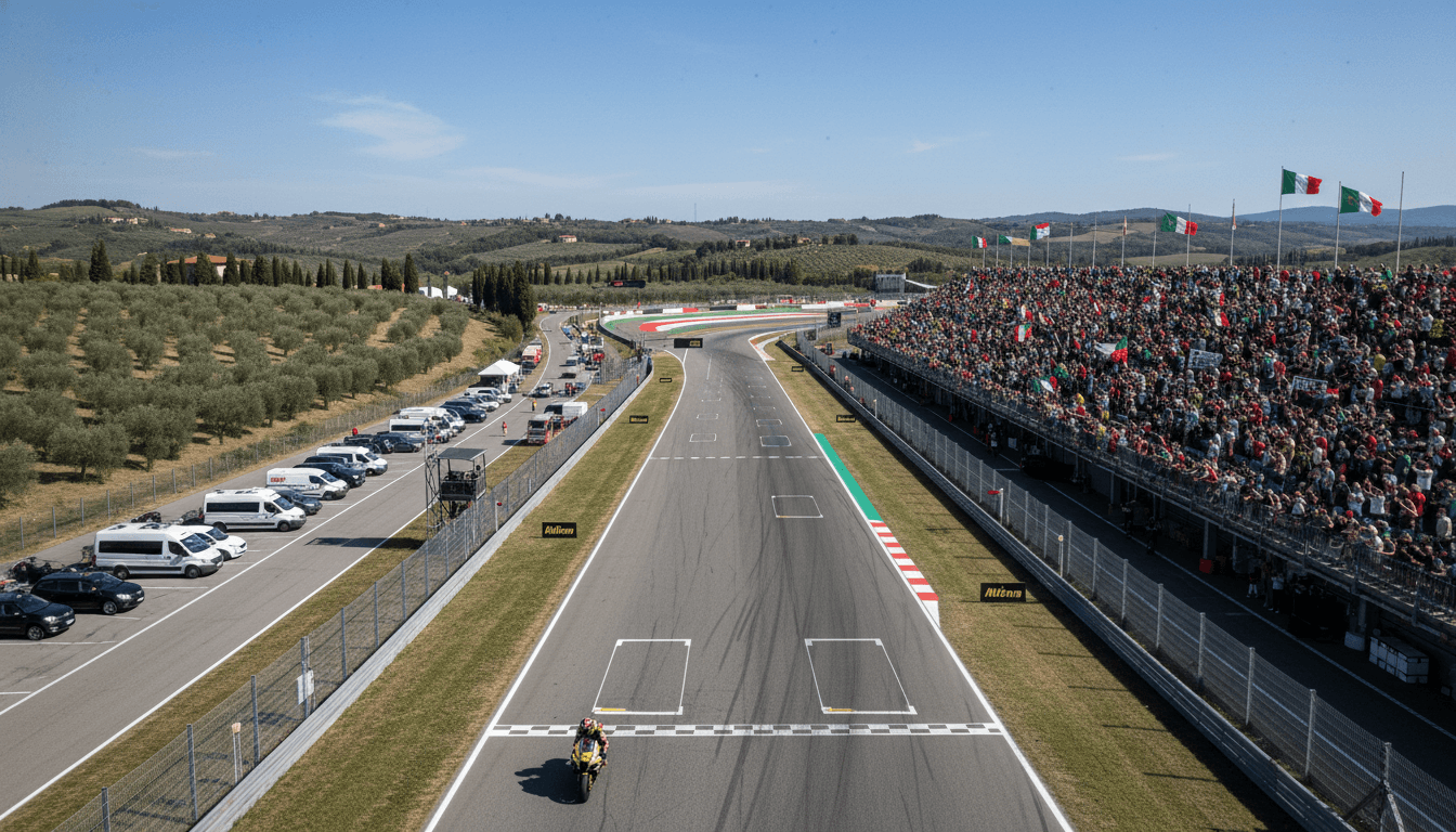 Aerial view of Marco Bezzecchi winning emotional Italian MotoGP race at Mugello circuit, with spectators cheering