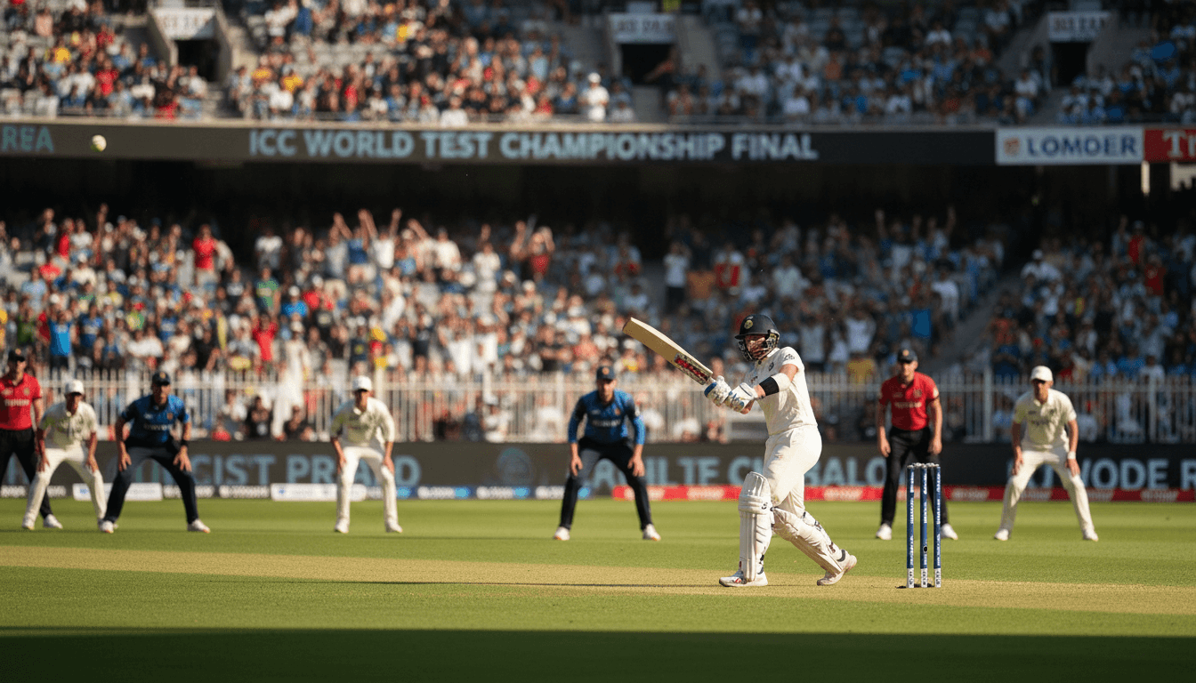A cricket stadium filled with spectators during the ICC World Test Championship Final 2023, with a batsman striking a ball.