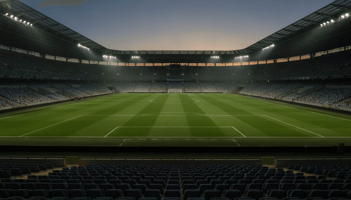 An empty football stadium bathed in twilight, symbolizing the anticipation of Lionesses squad changes before a critical match.