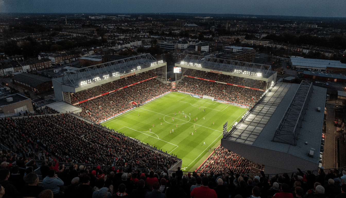 Aerial view of Anfield Stadium during a match, highlighting the Liverpool cult hero's legacy.