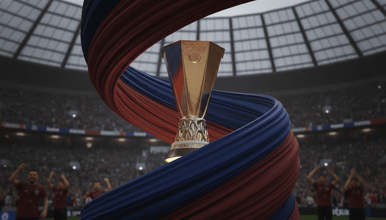 A celebratory scene depicting Aston Villa players lifting the UEFA Europa League trophy, emphasizing that Aston Villa secures historic Europa League title.