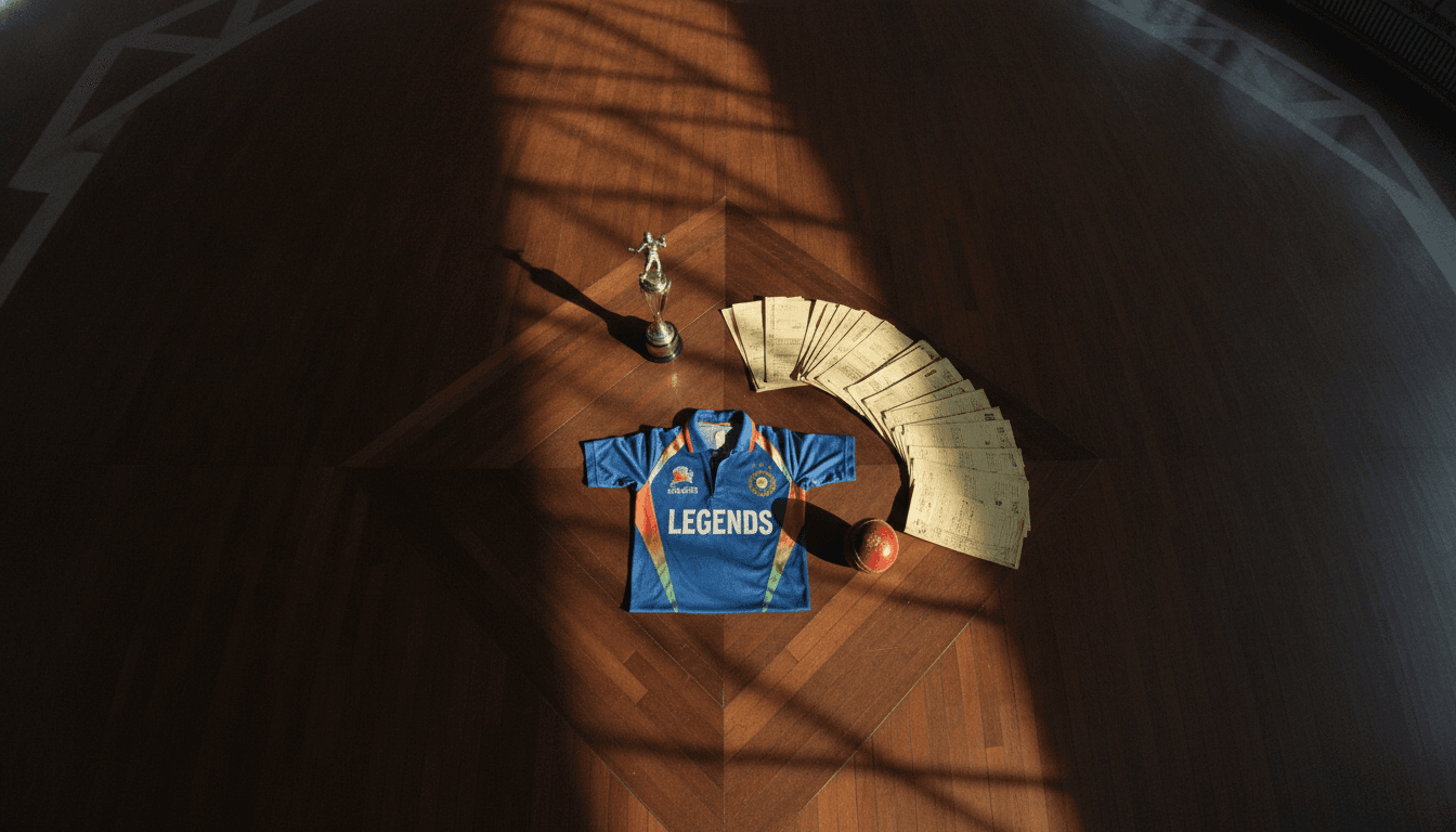 A collection of cricket memorabilia: a vintage India Legends Cricket Team jersey, a worn leather cricket ball, and a scorecard with faded ink, symbolizing past glories amidst a modern cricketing world.