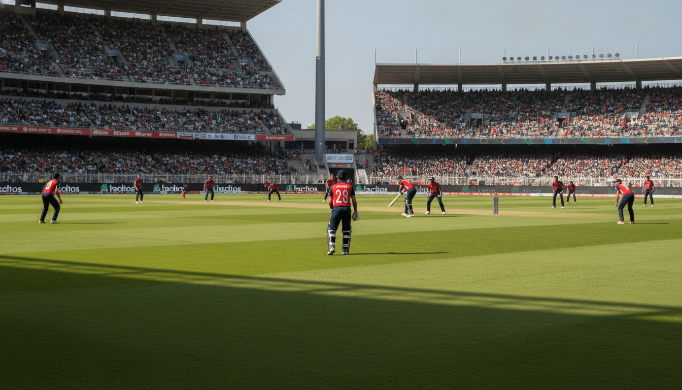 A wide shot of a bustling cricket stadium during a live match, with the England Champions cricket team in action.