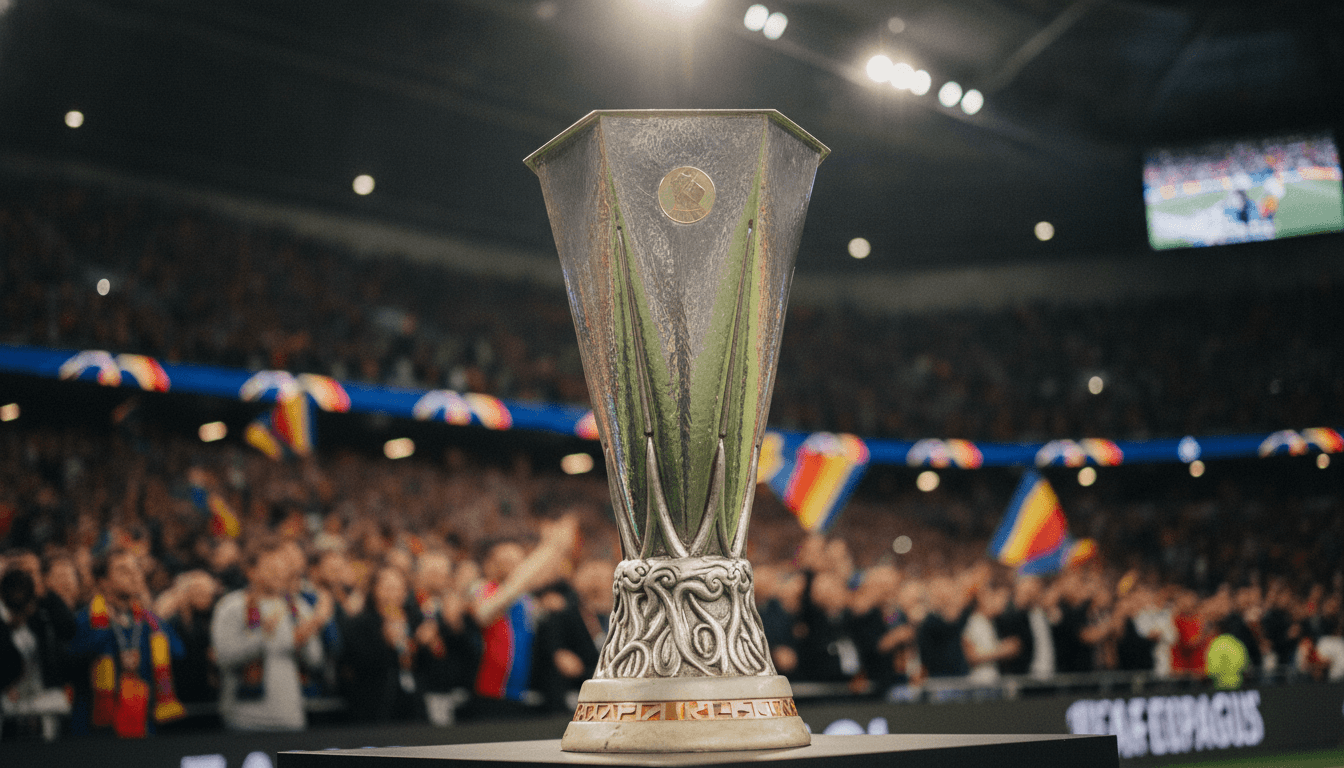 A close-up of a detailed UEFA Europa League trophy, reflecting the stadium lights, symbolizing the culmination of the historic Europa League season.